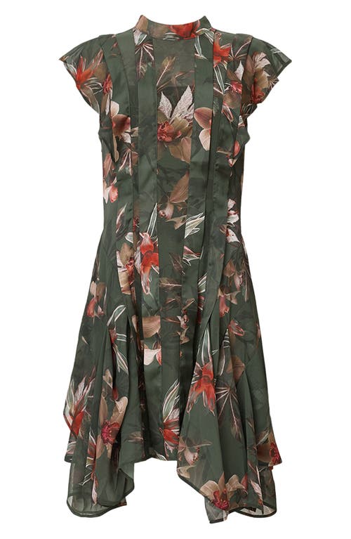 Allsaints Womens Adena Khaki Gr Fleur Floral-print Asymmetric-hem Woven Mini Dress