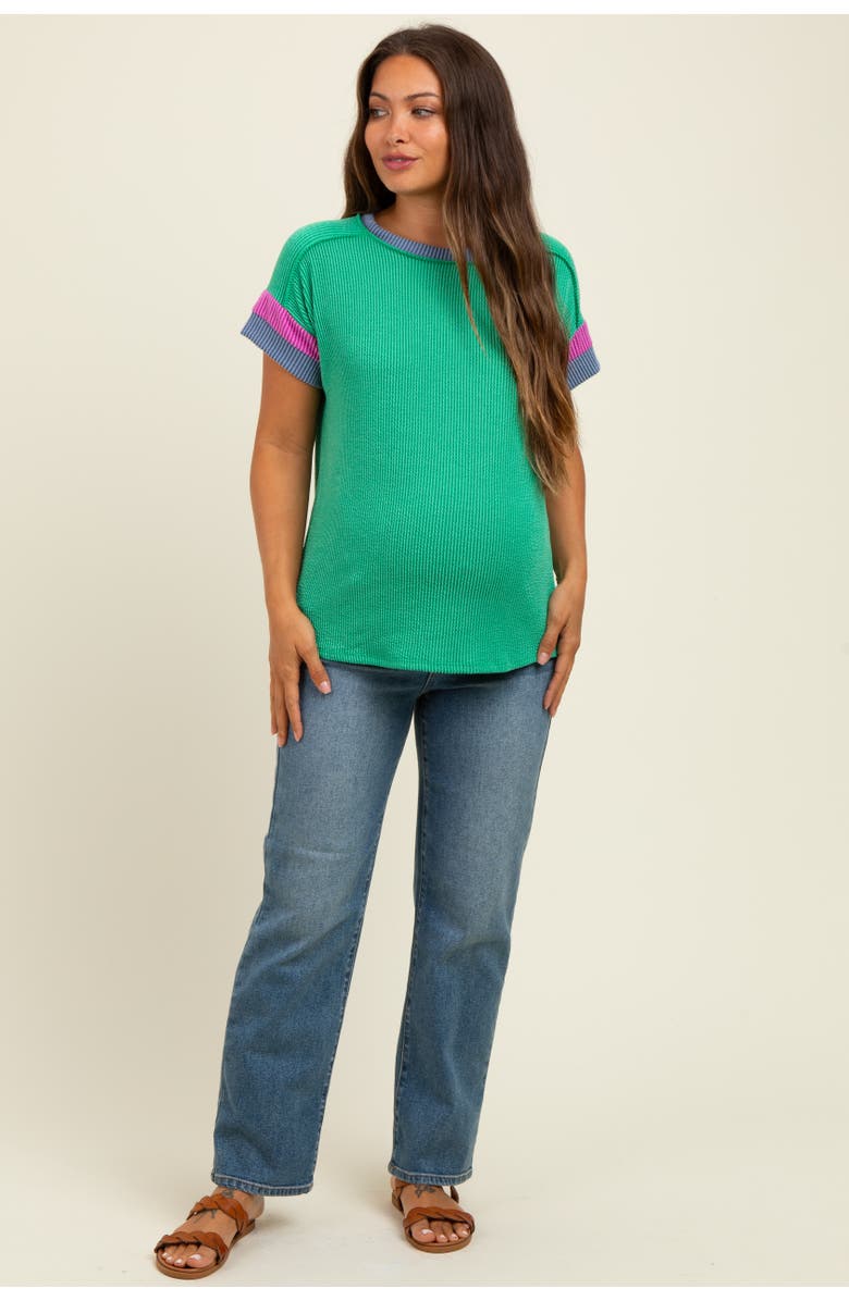 PinkBlush Ribbed Colorblock Detail Short Sleeve Top, Alternate, color, Green