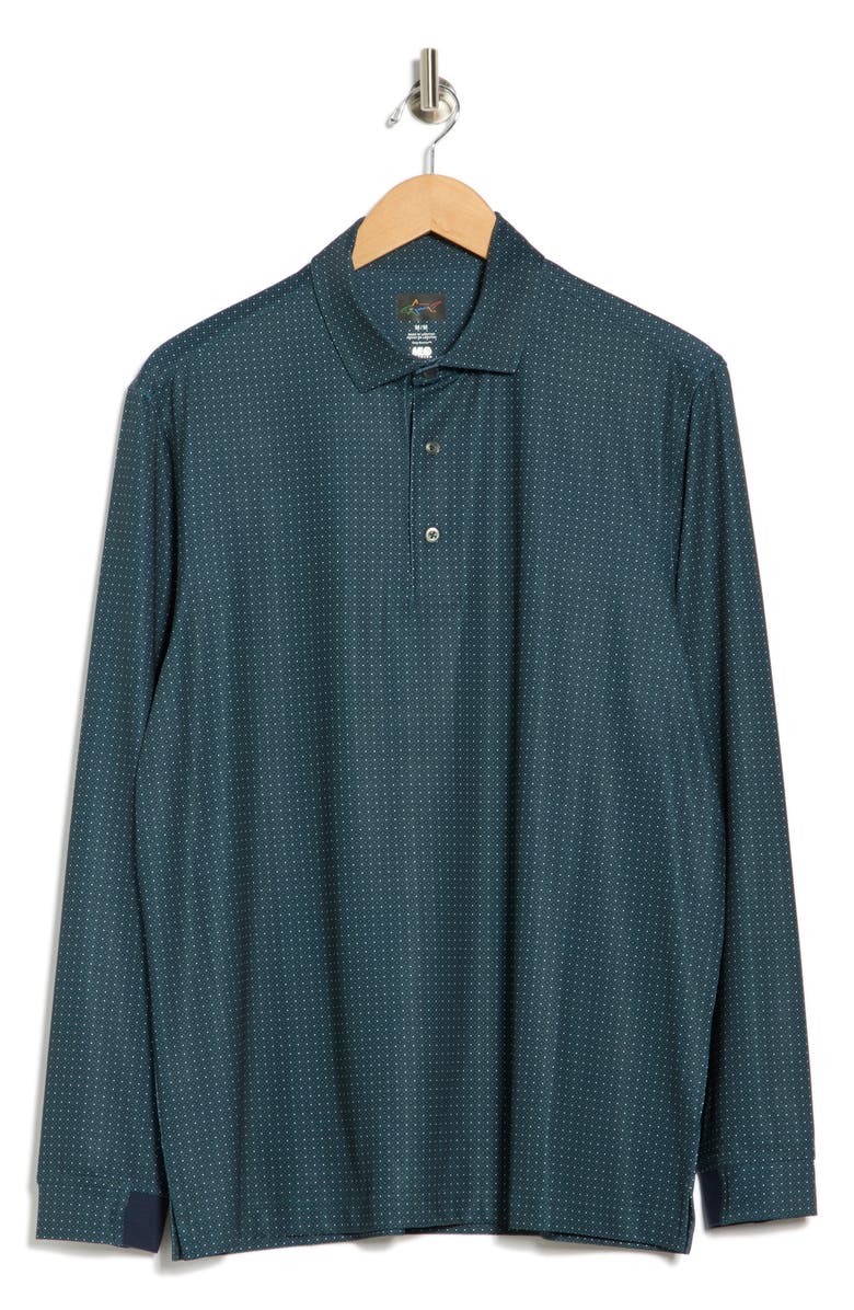 Greg Norman Knotweed Print Long Sleeve Performance Golf Polo, Alternate, color, Navy/ Green
