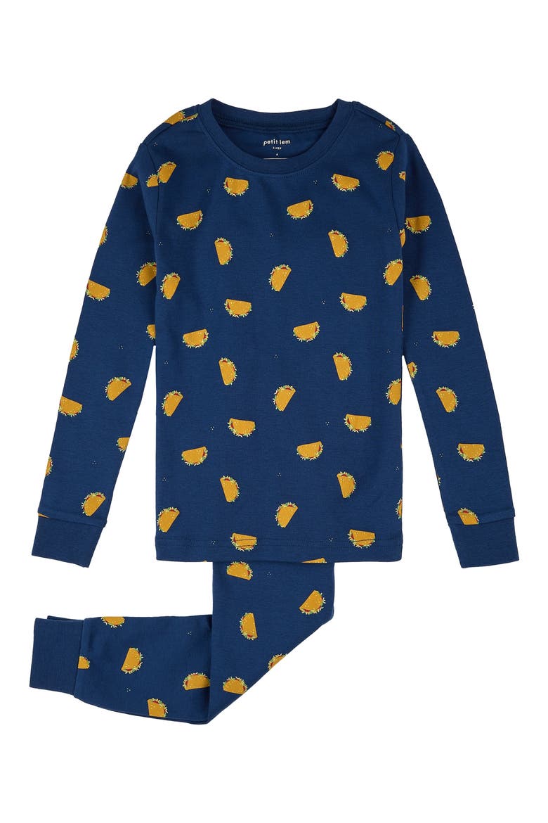 Kids' Taco Print Fitted Two-Piece Organic Cotton Rib Pajamas, Main, color, DARK BLUE