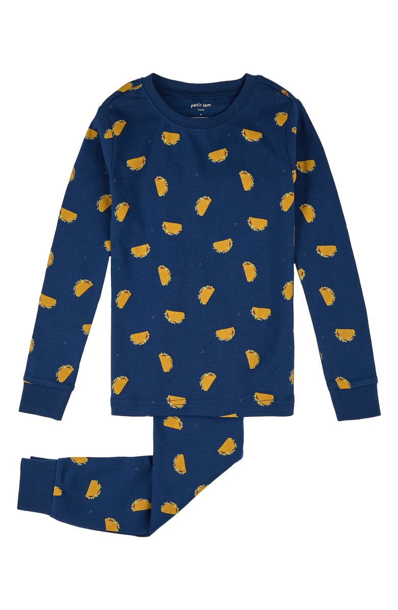 Petit Lem Kids' Taco Print Fitted Two-Piece Organic Cotton Rib Pajamas, Main, color, Dark Blue