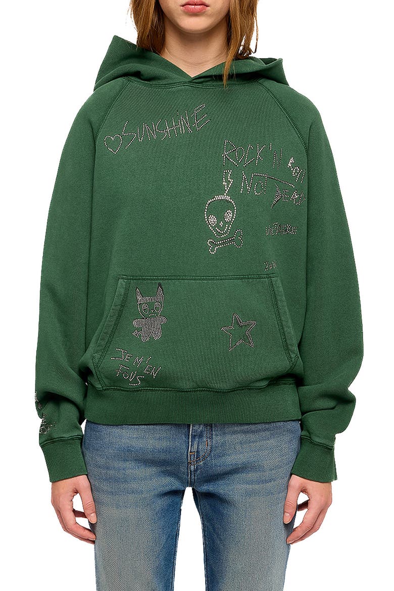 Rhinestone Graphic Hoodie, Main, color, RAIN FOREST