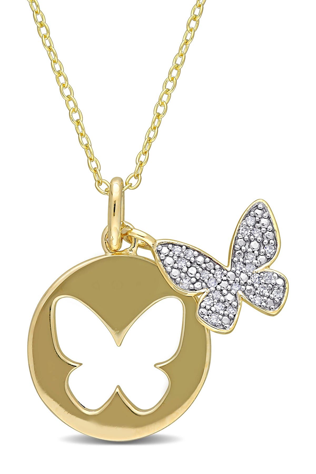 DELMAR Pavé Diamond Accent Butterfly & Cutout Butterfly Pendant Necklace - 0.10ct.