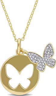 DELMAR Pavé Diamond Accent Butterfly & Cutout Butterfly Pendant Necklace - 0.10ct.