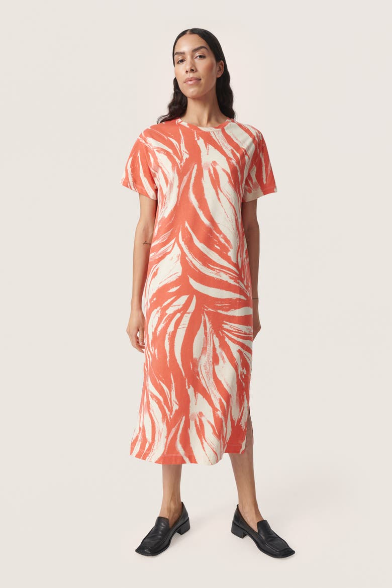 Eva Short Sleeve Crew Neck Midi Dress, Main, color, Hot Coral Wave