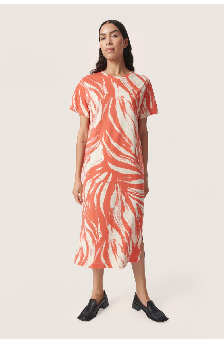 Soaked in Luxury Eva Short Sleeve Crew Neck Midi Dress, Main, color, Hot Coral Wave