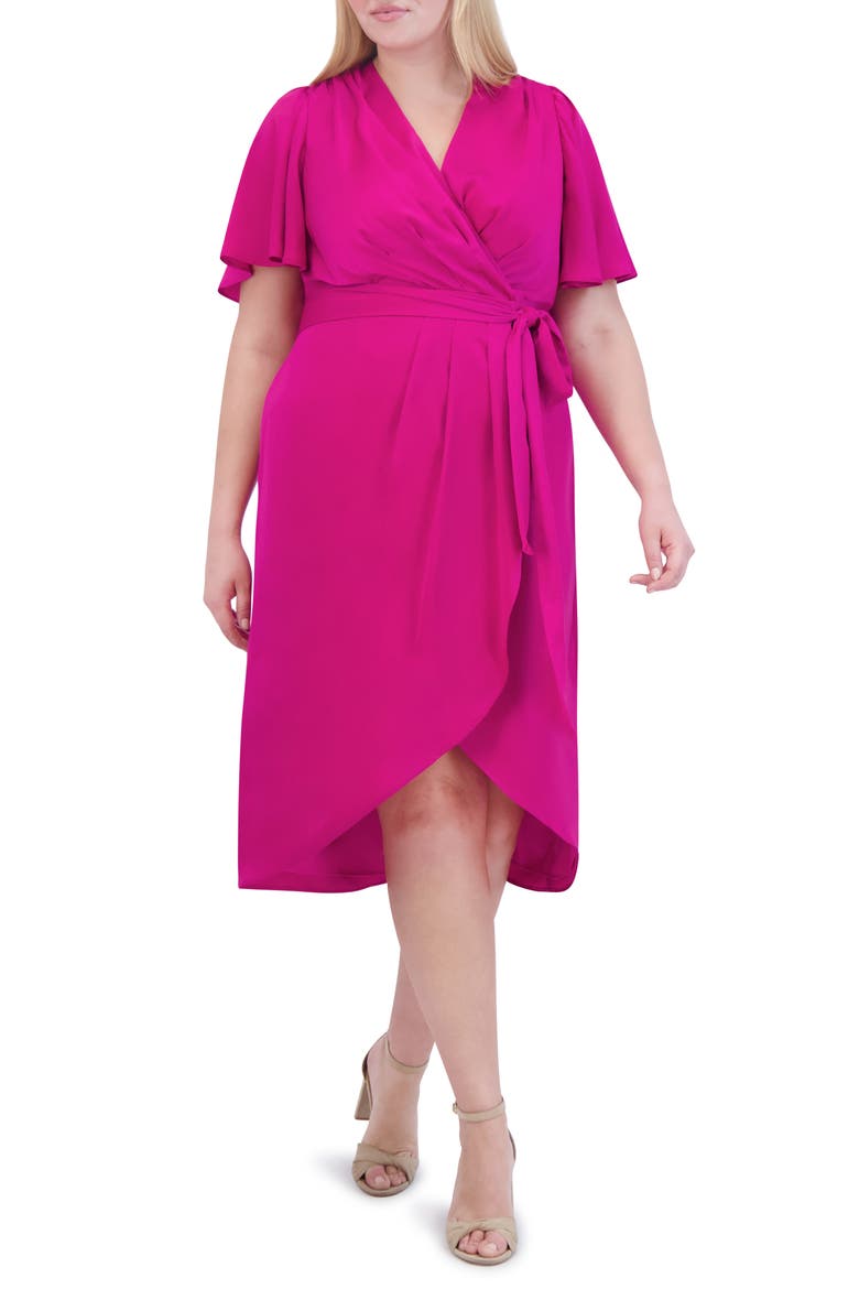 Flutter Sleeve Faux Wrap Satin Midi Dress, Main, color, MAGENTA