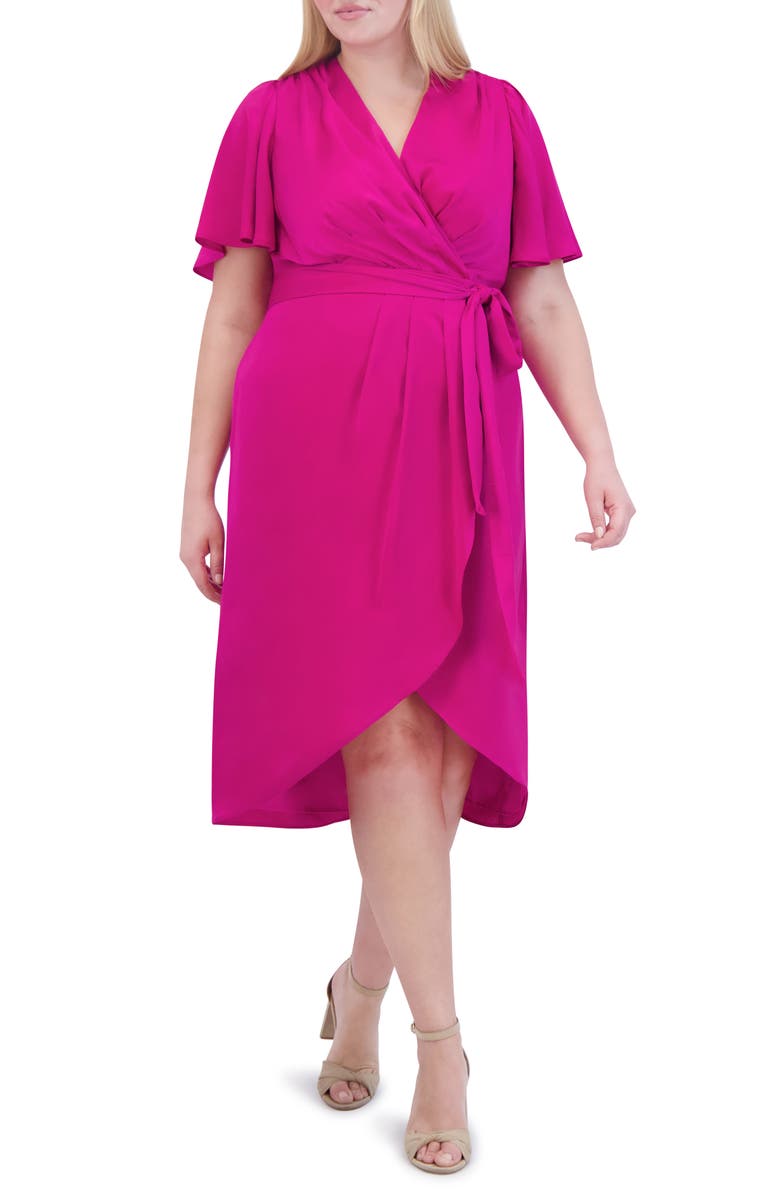 Vince Camuto Flutter Sleeve Faux Wrap Satin Midi Dress, Main, color, 