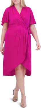 Vince Camuto Flutter Sleeve Faux Wrap Satin Midi Dress