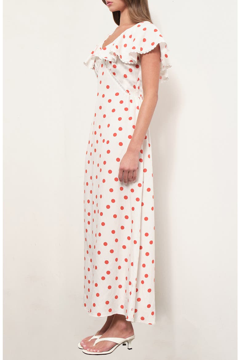 Valerie Polka Dot Flutter Sleeve Midi Dress, Alternate, color, WHITE ORANGE DOTS