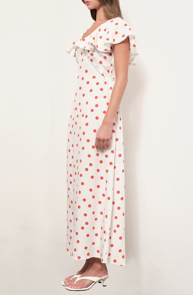 MAUDE CLUB Valerie Polka Dot Flutter Sleeve Midi Dress, Alternate, color, White Orange Dots
