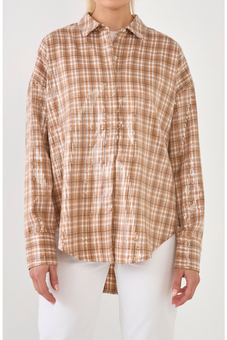 Plaid Sequin Button-Up Shirt, Alternate, color, TAN