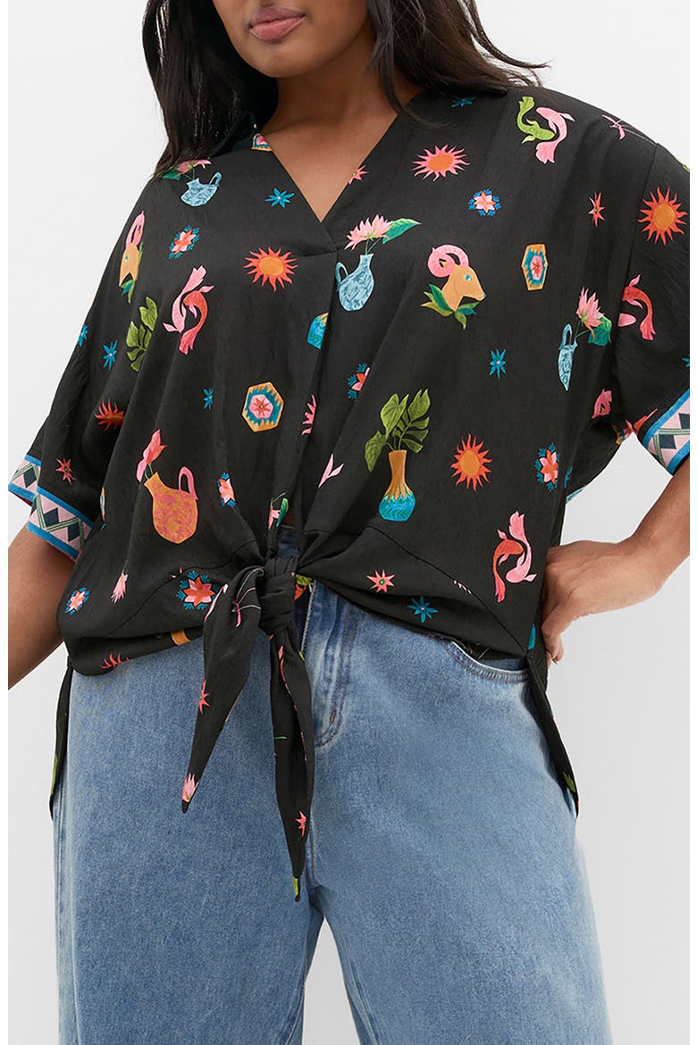 Selena Print Tie Front Top, Main, color, BLACK