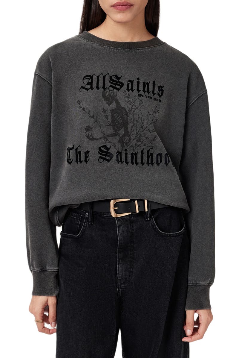 AllSaints Novus Pippa Cotton Graphic Sweatshirt, Main, color, Washed Black