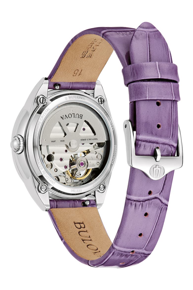 Sutton Automatic Leather Strap Watch, 34.5mm, Alternate, color, PURPLE/ SILVER-TONE