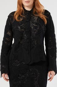 Marina Rinaldi Embroidered Mesh Cotton Blend Cardigan