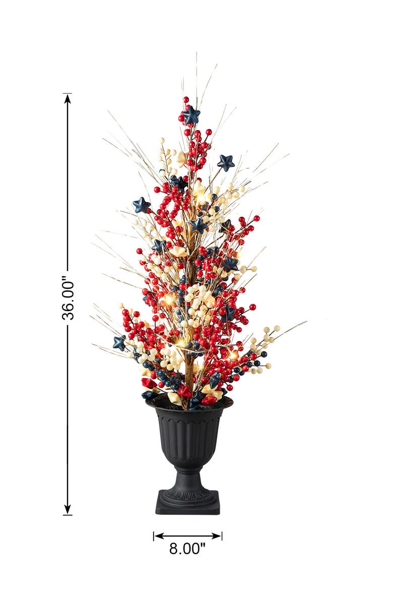 Glitzhome 3ft Patriotic Americana Lighted Berry Stars Urn Porch Tree with Timer, Alternate, color, Blue