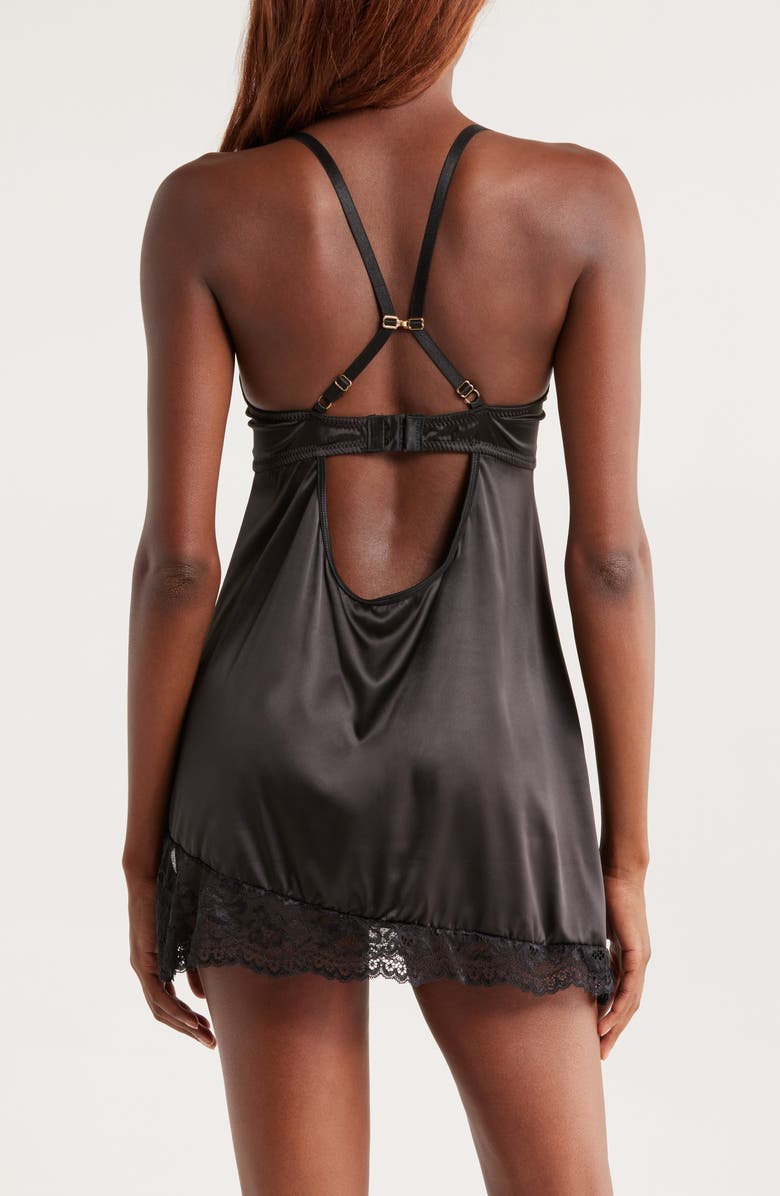 Coquette Ever After Stretch Satin Chemise, Alternate, color, Black