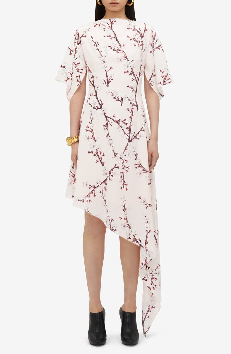 McQueen Cherry Blossom Asymmetric Silk Dress, Alternate, color, 