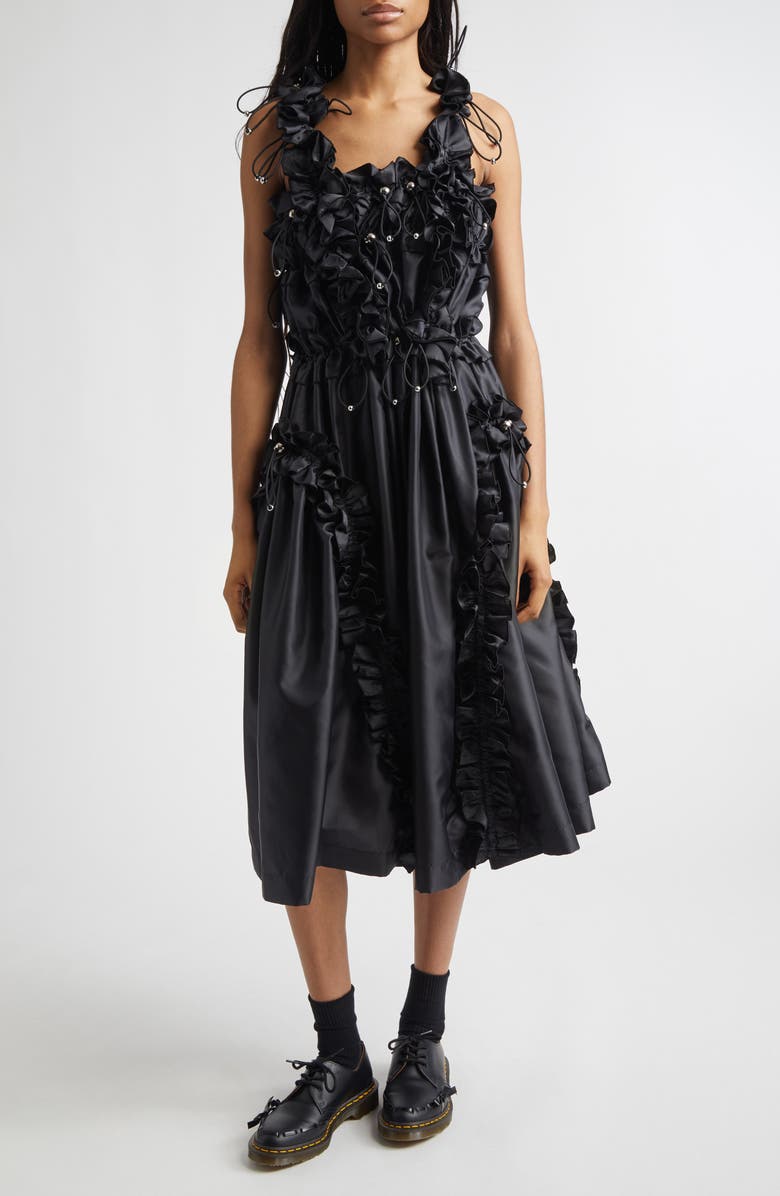 Noir Kei Ninomiya Drawcord Ruffle Off the Shoulder Satin Midi Dress, Main, color, Black