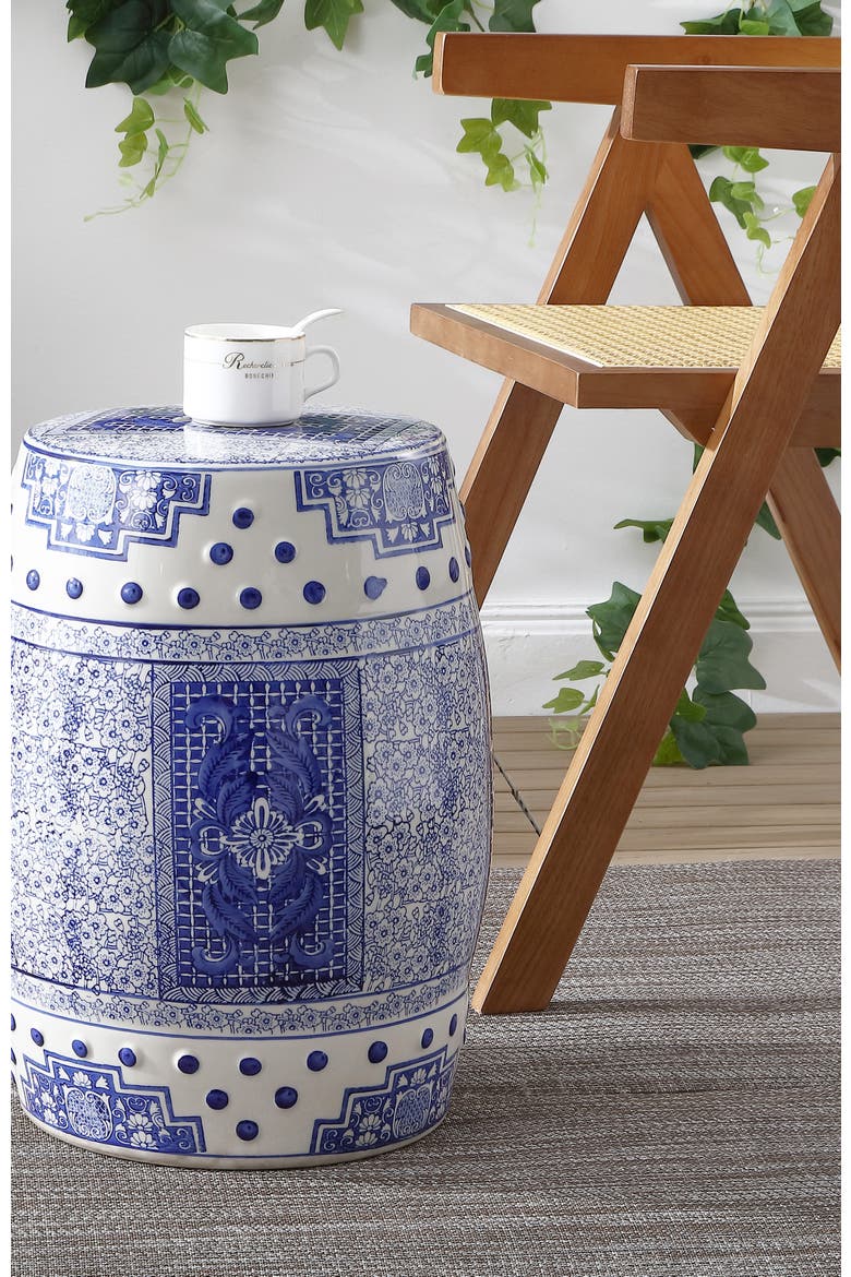 Acanthus Traditional Floral Chinoiserie Ceramic Drum Garden Stool, Pierced Indoor/Outdoor Patio Seat & Side Table, Alternate, color, Blue/White