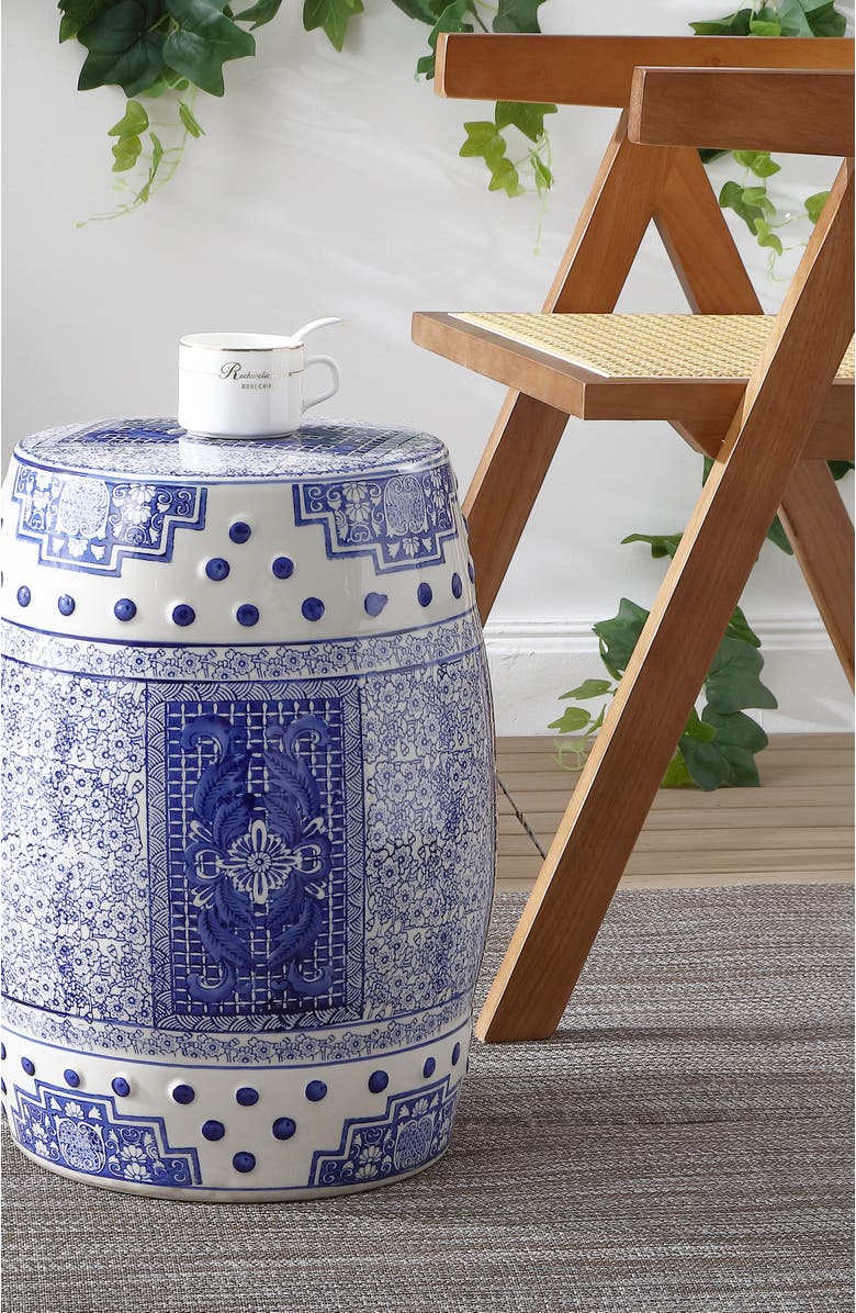 JONATHAN Y Acanthus 17.8" Chinoiserie Ceramic Drum Garden Stool, Alternate, color, Blue/White