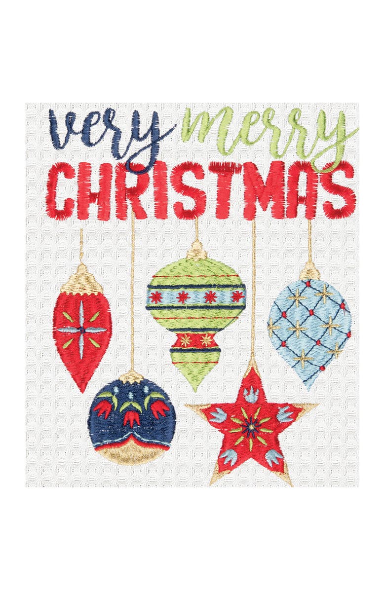 C&F Home 27" x 18" Holiday "Very Merry Christmas" Sentiment Featuring Ornament Cotton Embroidered & Waffle Weave Kitchen Dish Towel, Alternate, color, White
