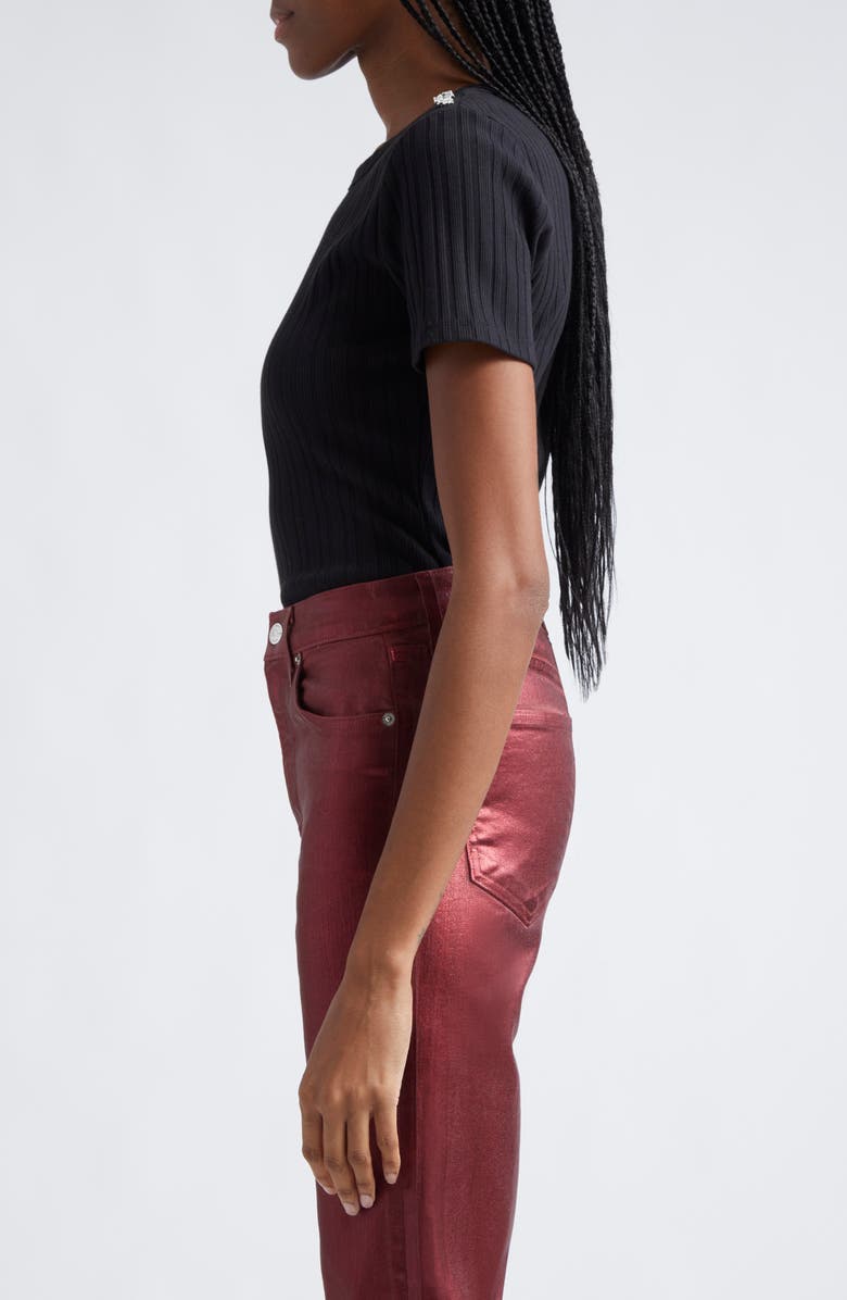 Veronica Beard Draya Rhinestone Button Detail Rib Stretch Cotton Top, Alternate, color, Black