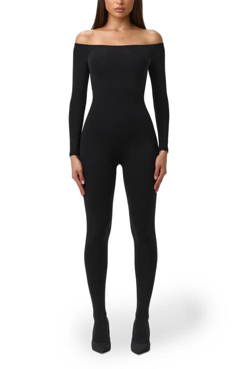 Off the Shoulder Long Sleeve Stirrup Jumpsuit