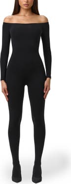 Naked Wardrobe Off the Shoulder Long Sleeve Stirrup Jumpsuit