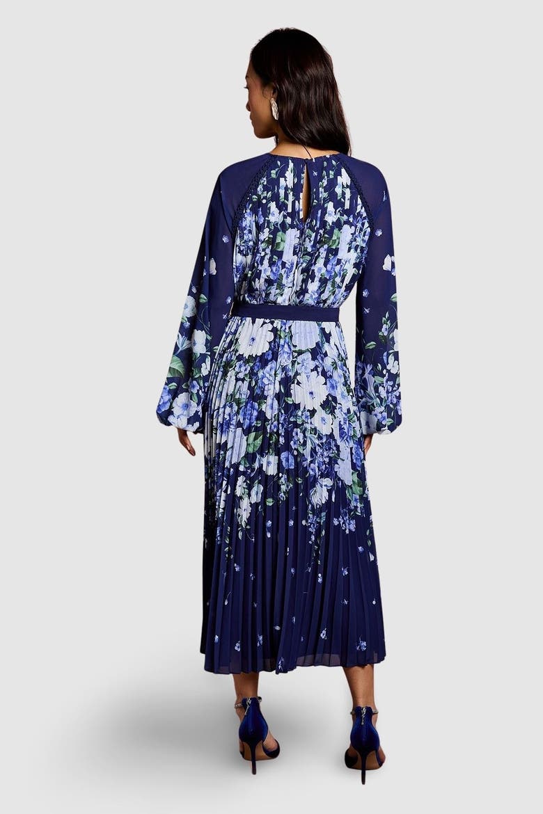 Floral Pleated Georgette Midi Dress, Alternate, color, Navy