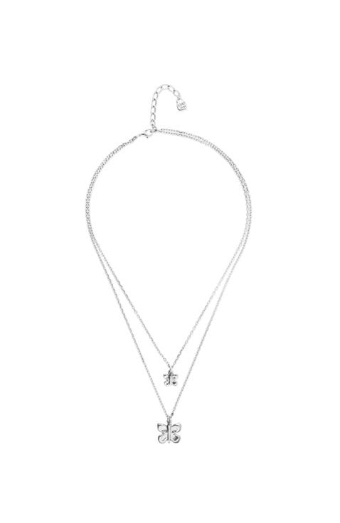 Double Butterfly & Pearl Necklace in Silver-Tone