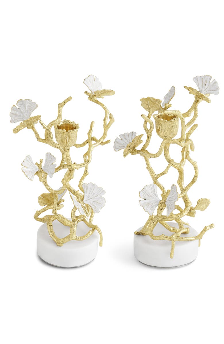 Michael Aram Butterfly Ginkgo Set of 2 Candleholders, Main, color, White/ Gold