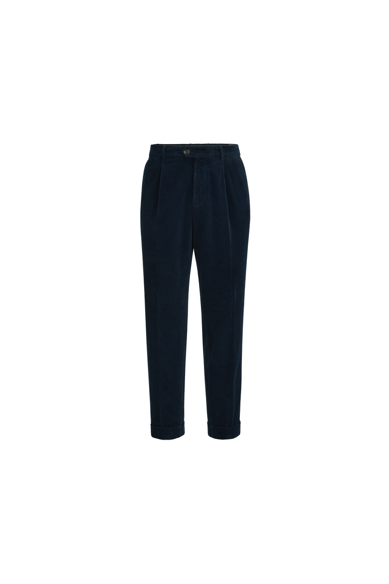 Garment-dyed trousers in cotton corduroy with pleat, Alternate, color, Navy Blue