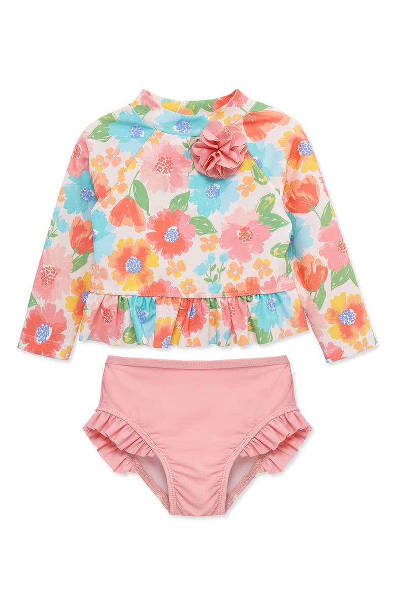 Little Me Kids' Floral Ruffle Long Sleeve Two-Piece Rashguard Swimsuit, Main, color, Pink
