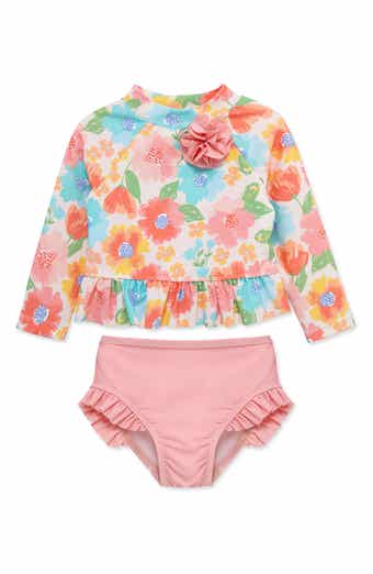 Kids' Floral Ruffle Long Sleeve Two-Piece Rashguard Swimsuit