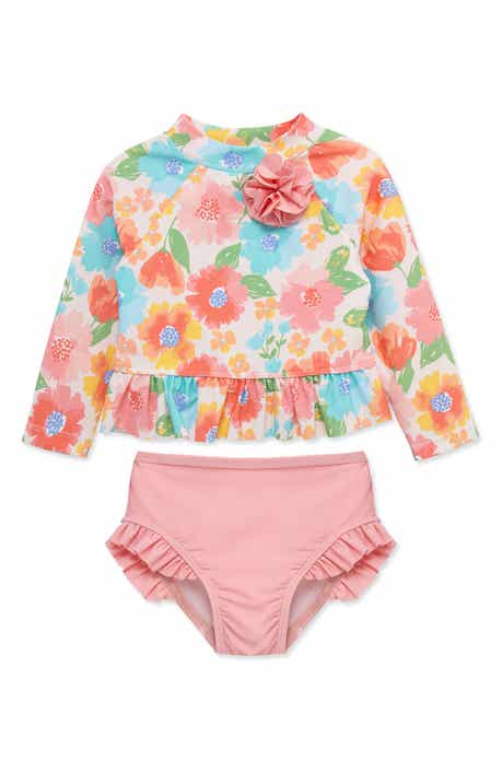 Kids' Floral Ruffle Long Sleeve Two-Piece Rashguard Swimsuit