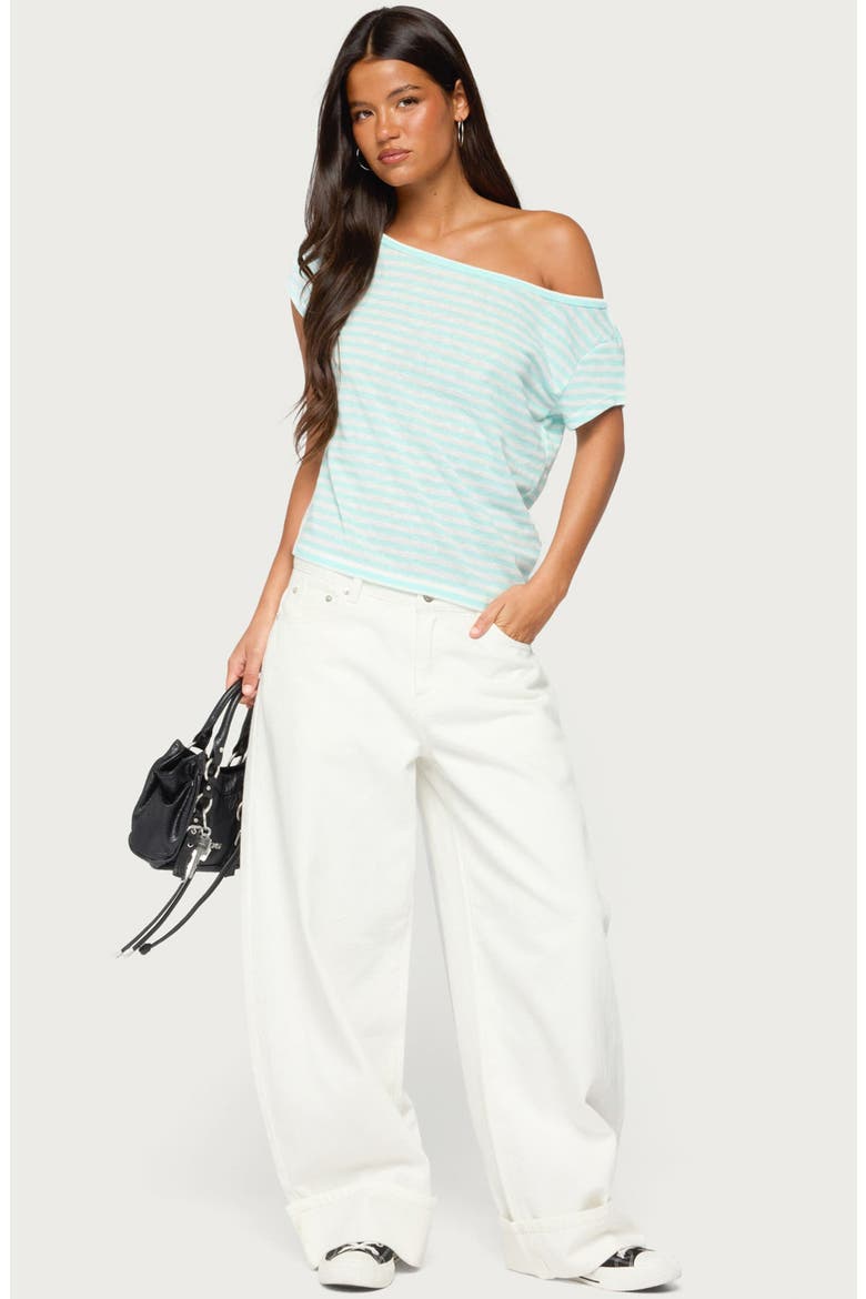 Chanelle Striped Off the Shoulder Tee, Alternate, color, TURQUOISE