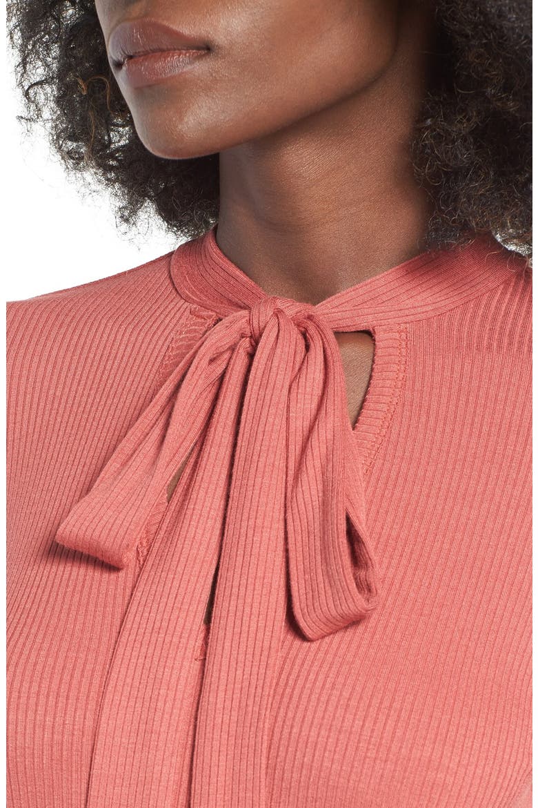 Ribbed Tie Neck Top, Alternate, color, AUBURN