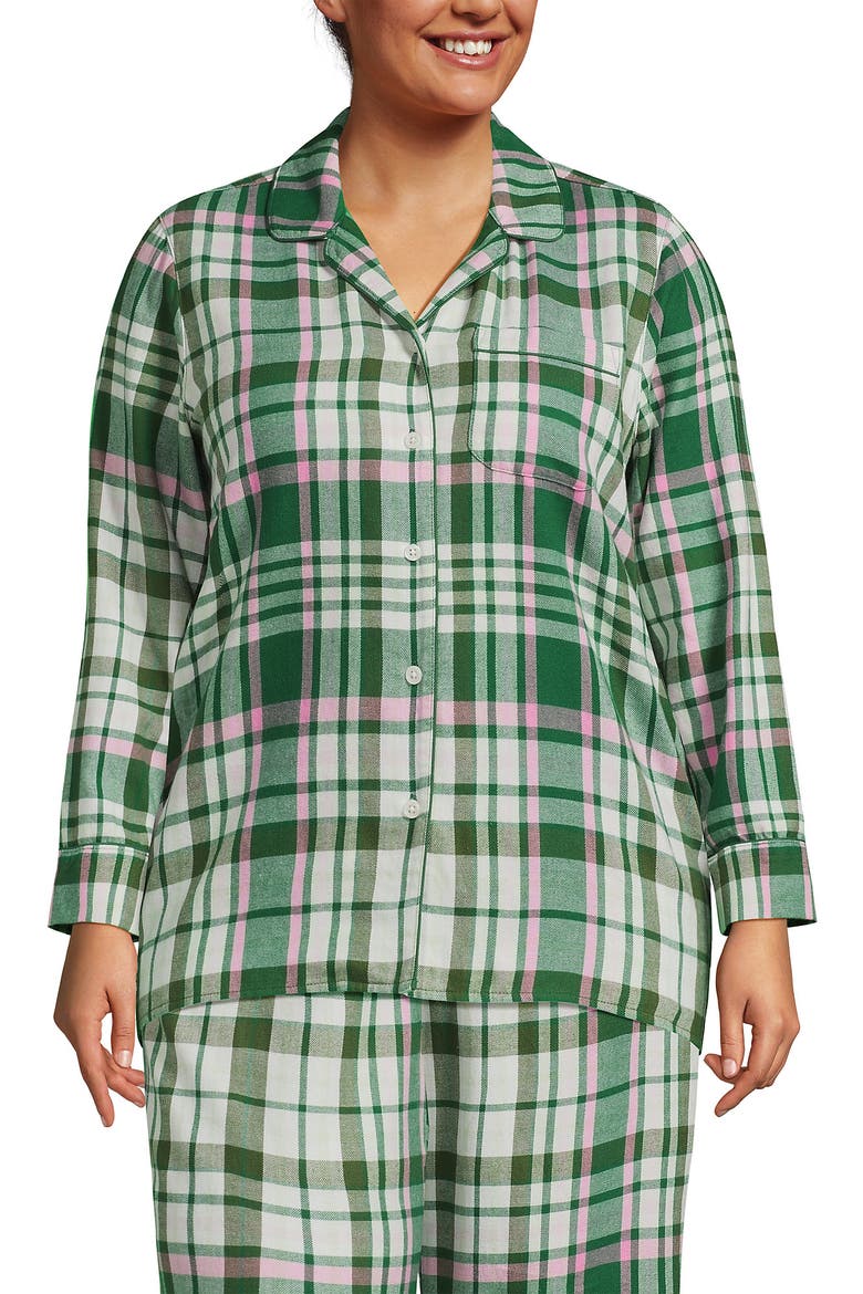 Long Sleeve Print Flannel Pajama Top, Main, color, Light Emerald/Pink Plaid