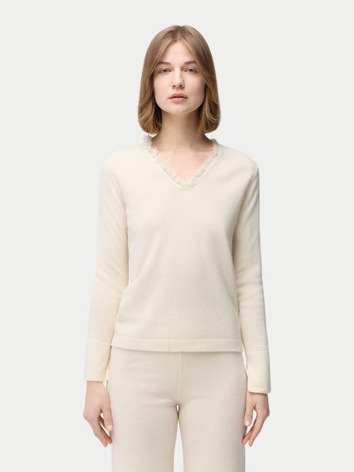 Gobi Mongolian Cashmere Organic Colour Fringed V-neck Cashmere Sweater In White