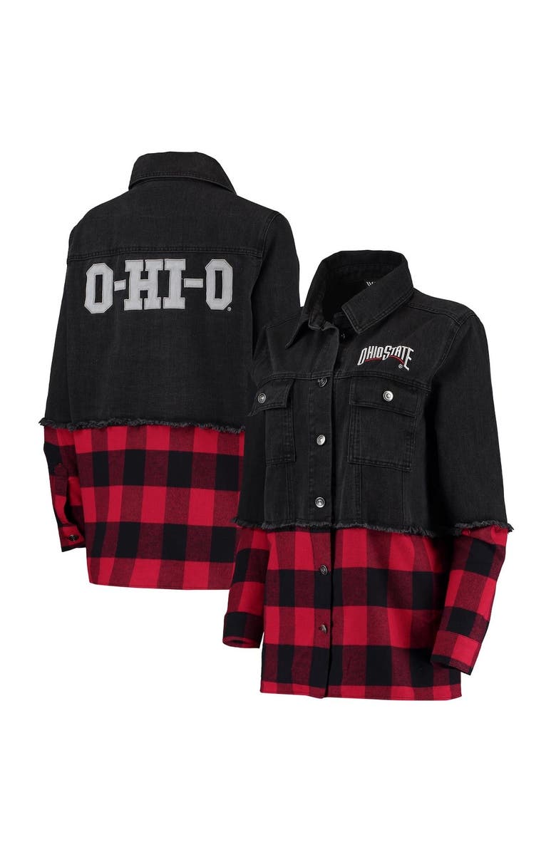 THE WILD COLLECTIVE Women's The Wild Collective Black/Scarlet Ohio State Buckeyes Denim Flannel Stitch Button-Up Shirt, Main, color, 