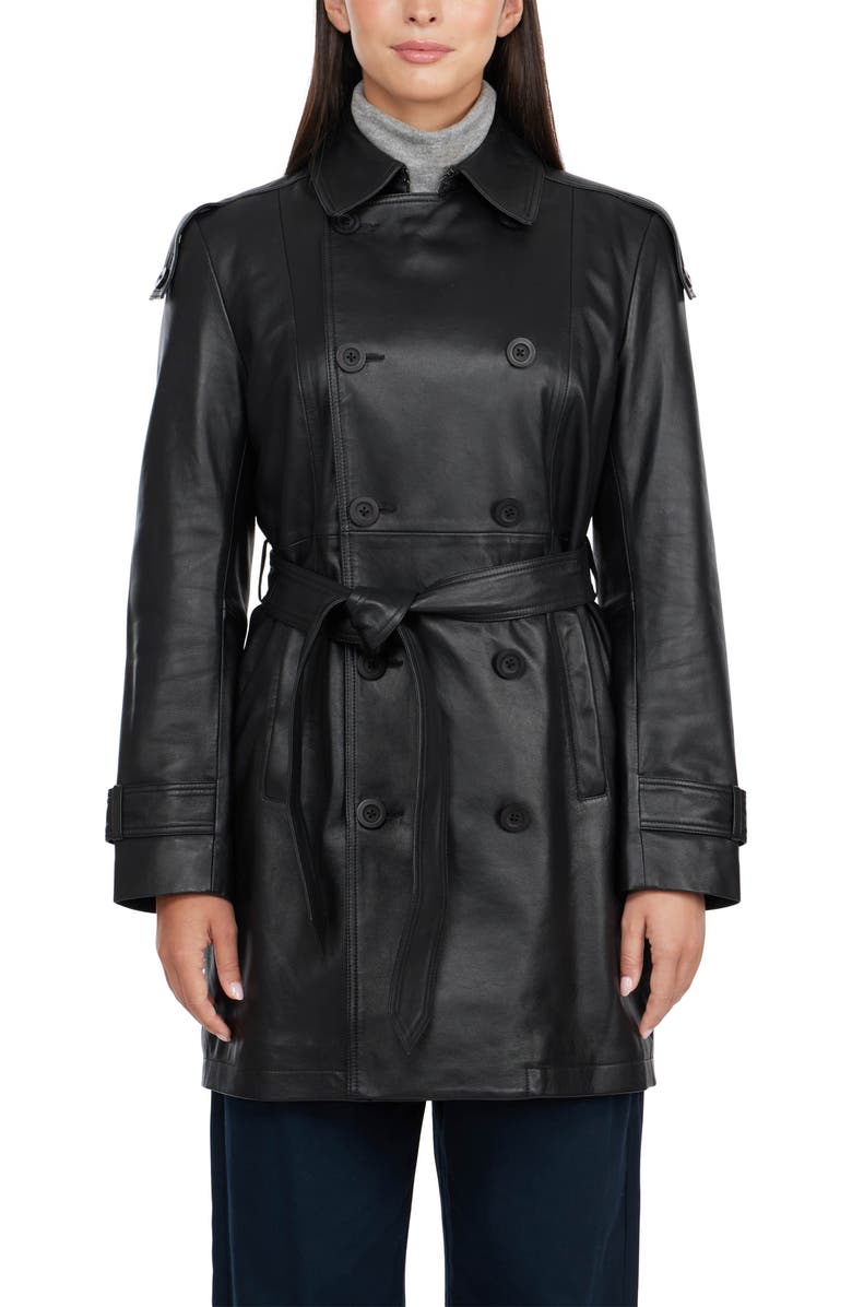 BADGLEY MISCHKA Double Breasted Leather Trench Coat, Alternate, color, 