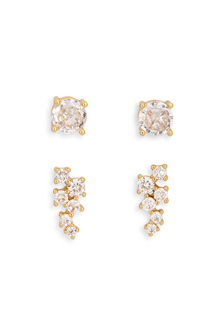 Set of 2 Cubic Zirconia Round & Clustered Stud Earrings, Main, color, CLEAR- GOLD