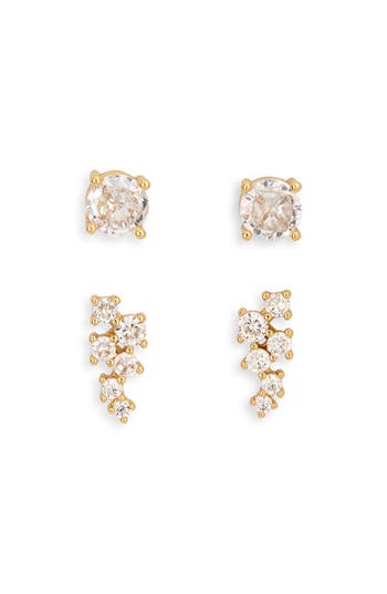 Nordstrom Rack Set Of 2 Cubic Zirconia Round & Clustered Stud Earrings In Gold