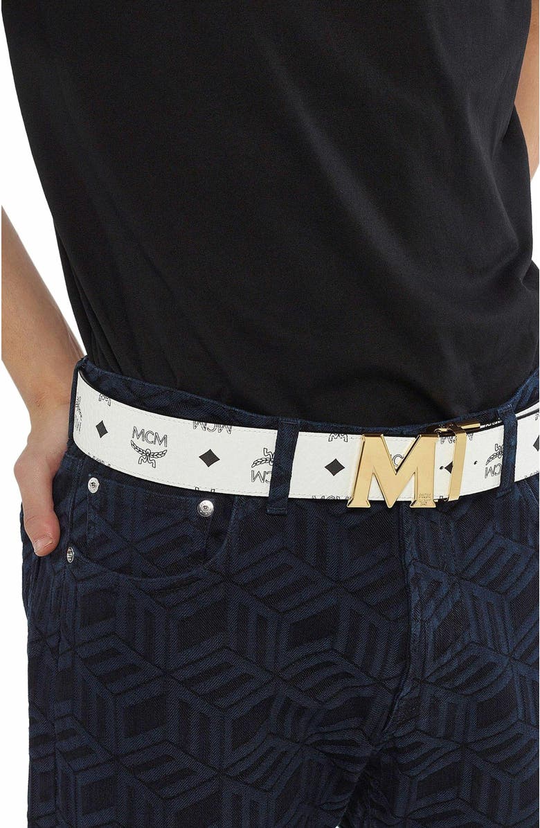 MCM Claus M Reversible Belt 1.75 in Visetos, Alternate, color, White