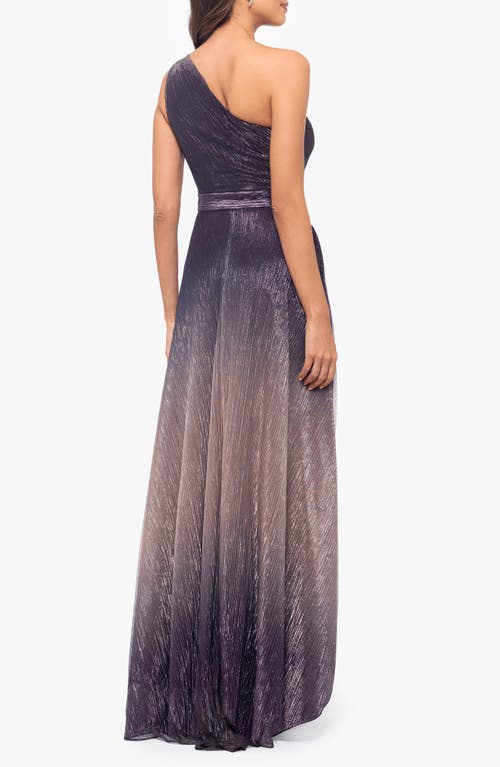 Betsy & Adam One-shoulder Metallic Crinkle Ombré Gown In Purple