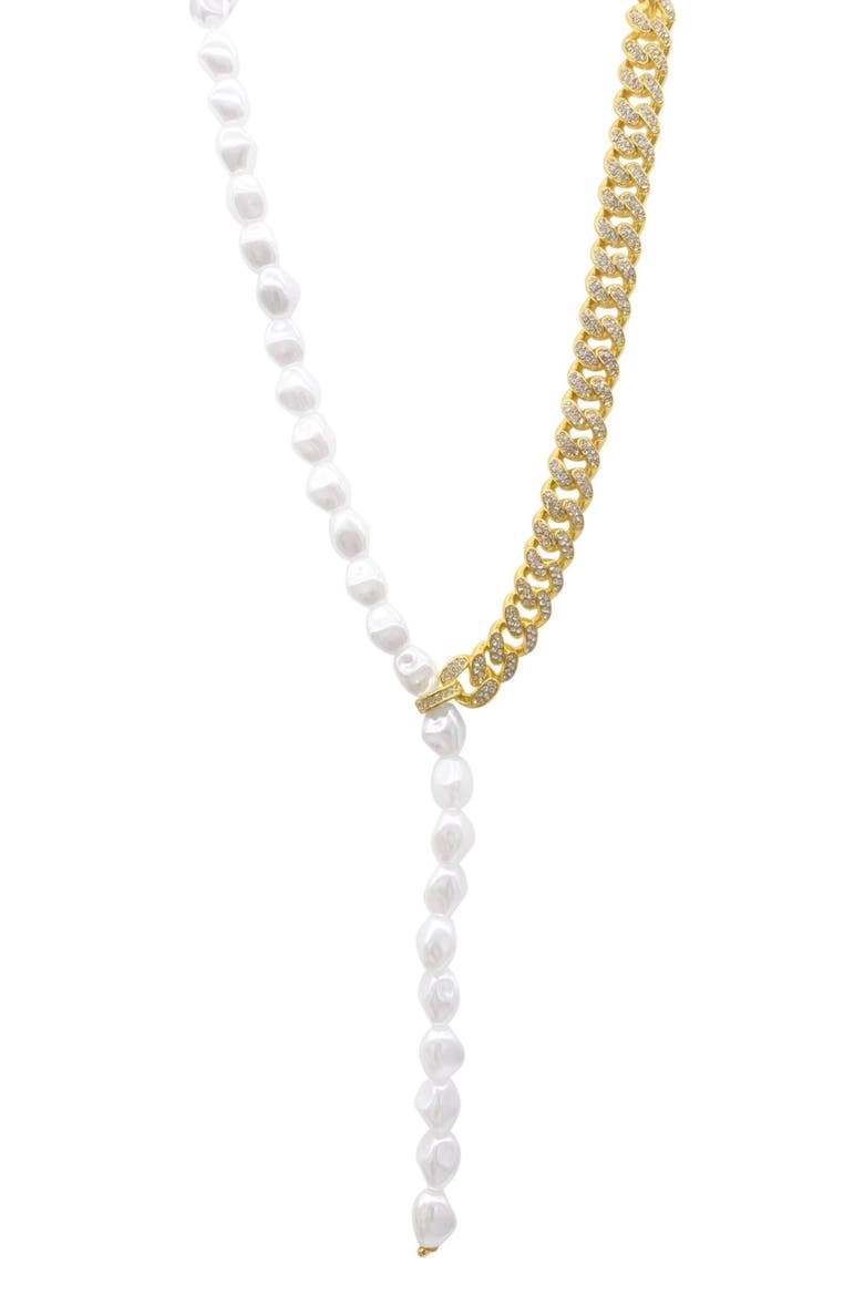 Imitation Pearl & Pavé CZ Curb Chain Y-Necklace, Main, color, GOLD