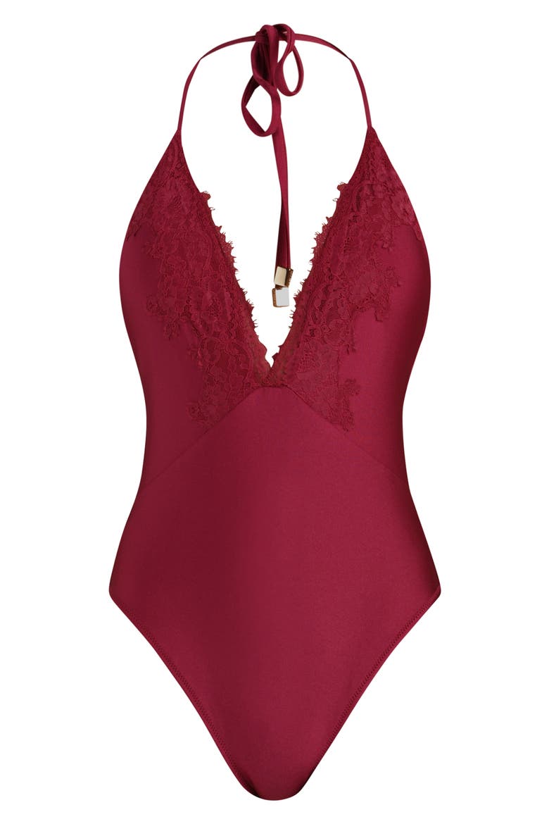 Terra Lace-Trimmed Plunge One-Piece Swimsuit, Alternate, color, BLACK CHERRY