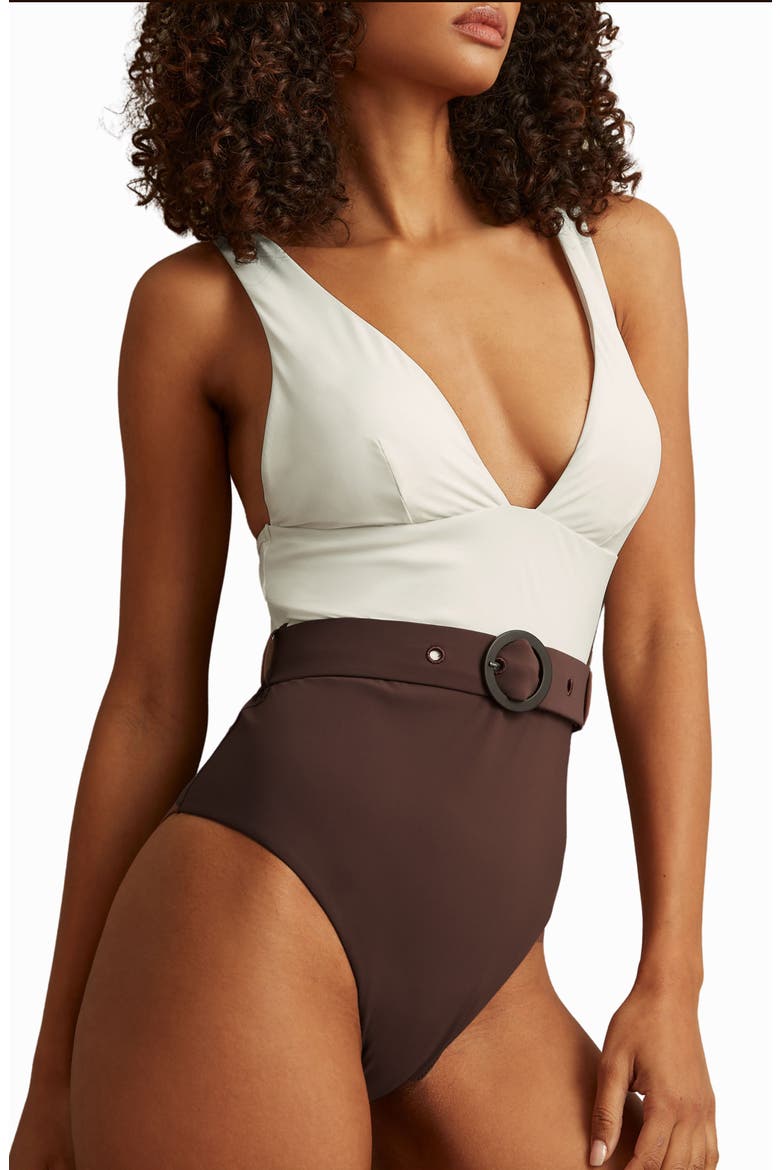 Lola Belted One-Piece Swimsuit, Alternate, color, IVORY/ CHOCOLATE
